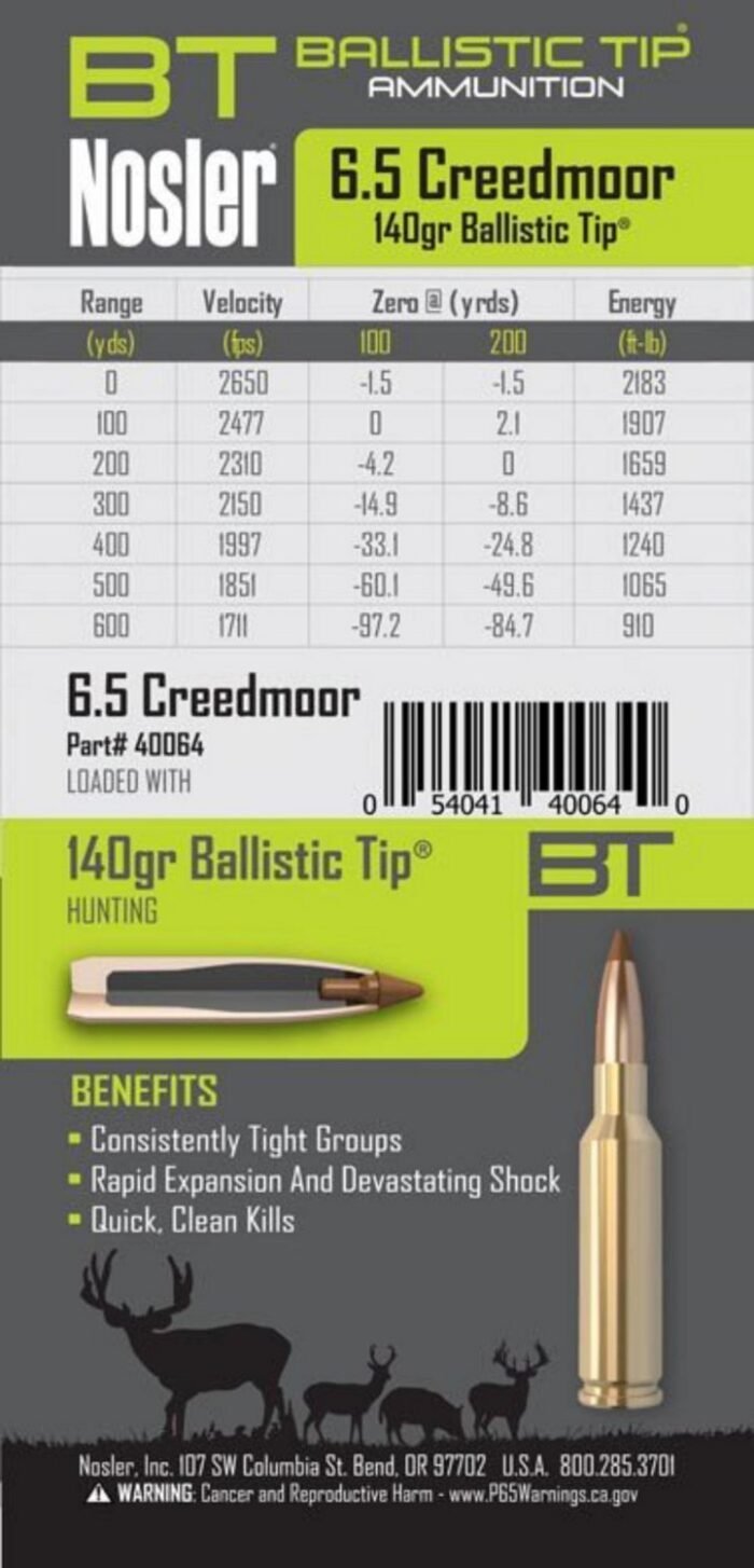 Nosler Ballistic Tip Hunting 6.5 Creedmoor Rifle Ammunition